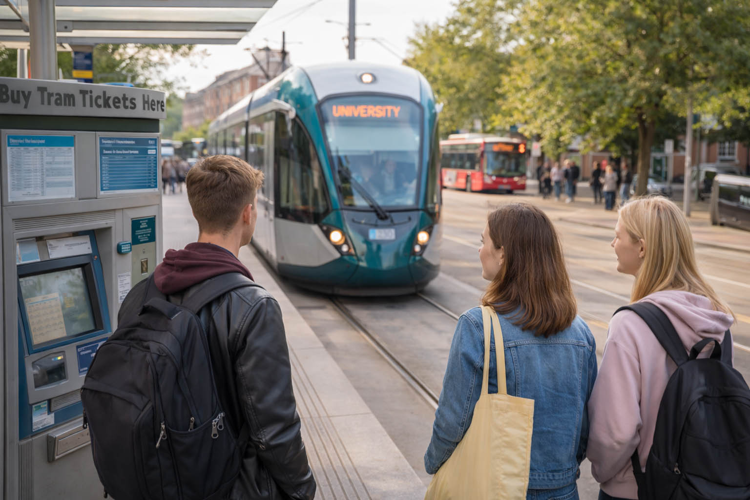 Transport in Nottingham as students wait for a bus
